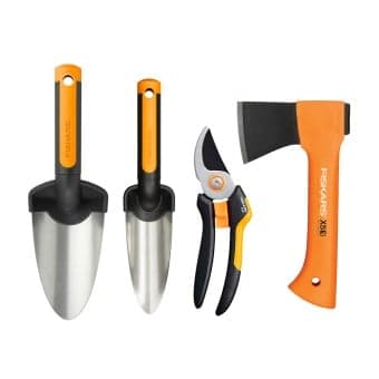 Fiskars Planteringsspade Bred, Planteringsspade Smal, Sekatör och X-Series Jakt- och Fritidsyxa