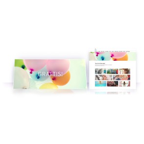En bild på ett gåvokort med texten "Grattis!" och den inlösensidan där gåvomottagaren väljer sin gåva. Både gåvokortet och inlösensidan har en härlig design med färgglada ballonger i mjuka toner.