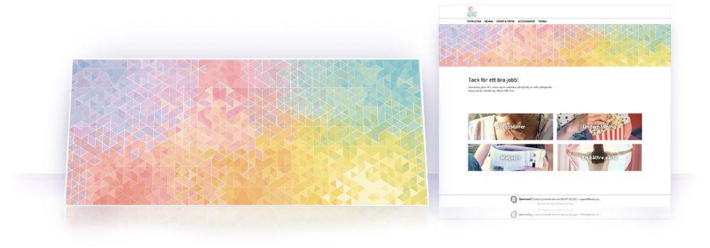 En bild på ett jubileumsgåvokort med ett färgglatt mönster i mosaik och en förhandsvisning på inlösensidan där mottagaren kan välja mellan Accessoarer och Underhållning.